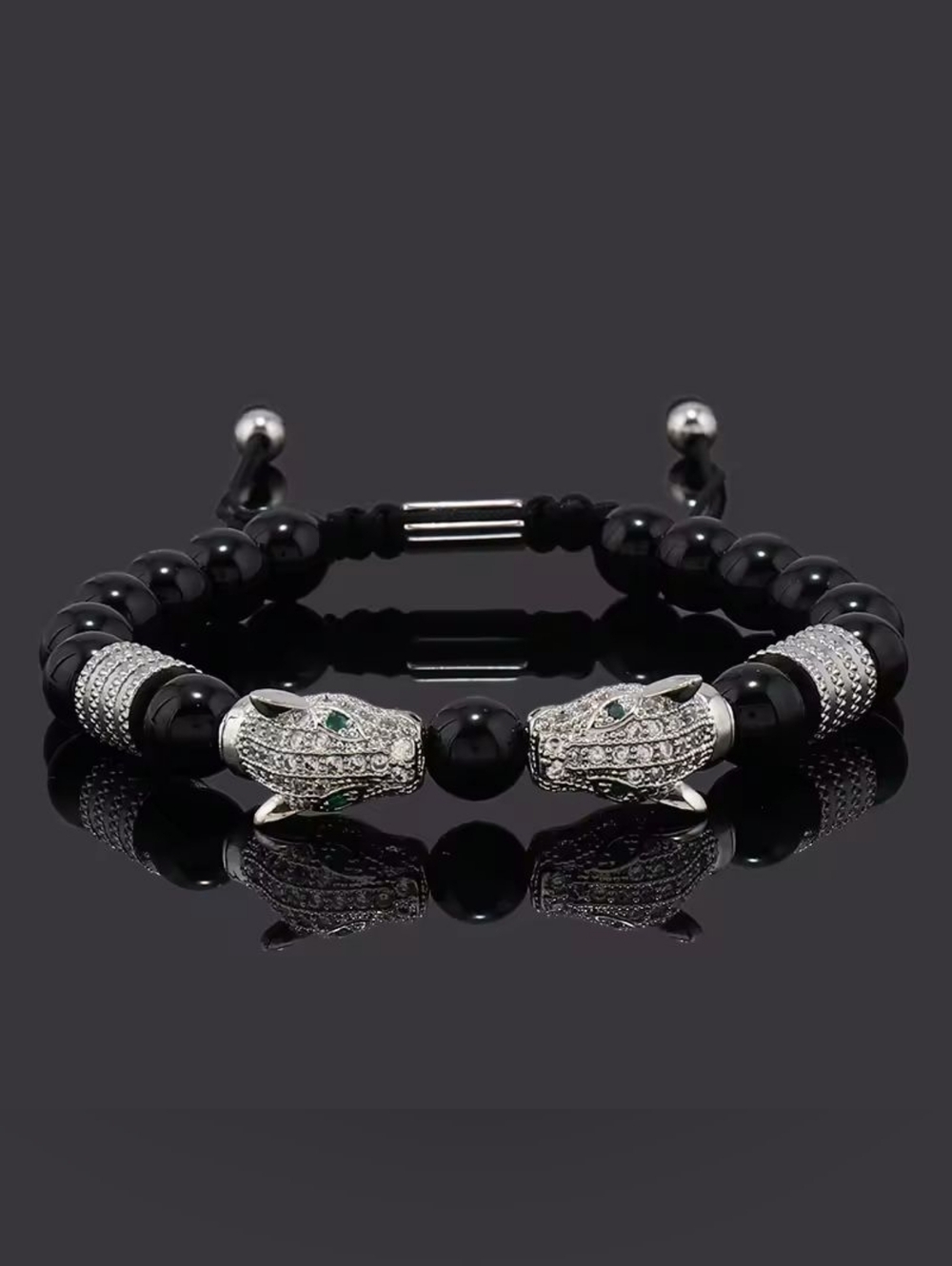 Black Beaded Bracelet with Pavé Panther Heads